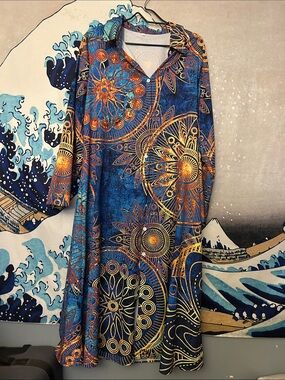 Women's Blue & Gold Printed Long-Sleeve Collared Dress